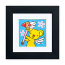 Illustration of a small white bear/mouse character holding a small staff from Sailor Moon, against a blue background with pink cherry blossom flowers. Piece is in a black frame with a white mat.