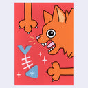 Artwork featuring a cartoon orange cat with an open mouth, baring teeth, on a bright red background. A blue fish bone graphic with white sparkles appears near the bottom left, and two orange paw prints are visible at the top and right edges.