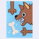 An artwork of a cartoon dog head and two paws reaching toward a white bone on a light blue background.
