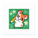 A square artwork featuring a cute cartoon hamster holding a yellow pencil on a green background with white flowers. The print is centered on a white paper background with a subtle drop shadow.