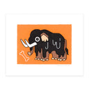 A minimalist artwork featuring a stylized woolly mammoth with white tusks on an orange background, coated with black tar in a cute way, centered on a white paper sheet.