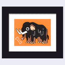 A minimalist artwork featuring a stylized woolly mammoth with white tusks on an orange background, coated with black tar in a cute way, centered on a white paper sheet.