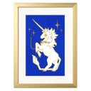 Framed wall art featuring a white unicorn with a gold horn and chain, set against a vivid blue background with gold stars, in a gold frame with a white mat.
