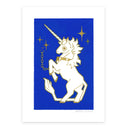 Drawing featuring a white unicorn rearing up on its hind legs against a vivid royal blue background, with gold line details, stars, and a small signature at the bottom. The piece is centered on a white background.