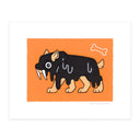 Artwork featuring a simplistic prehistoric saber-tooth with tan legs and claws, set against a bright orange background, with a small white bone outline in the upper right. The saber-tooth is coated in black tar in a cute way. The print is centered on a white background.