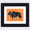 Artwork featuring a simplistic prehistoric saber-tooth with tan legs and claws, set against a bright orange background, with a small white bone outline in the upper right. The saber-tooth is coated in black tar in a cute way.