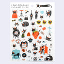 Sheet of black cat-themed stickers with various designs on a white background
