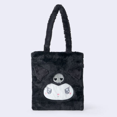 Fluffy black faux fur tote bag with Kuromi's cute, frowning face on the front with an embroidered skull over her forehead. It has 3D fluffy ears, shaped like Kuromi's.
