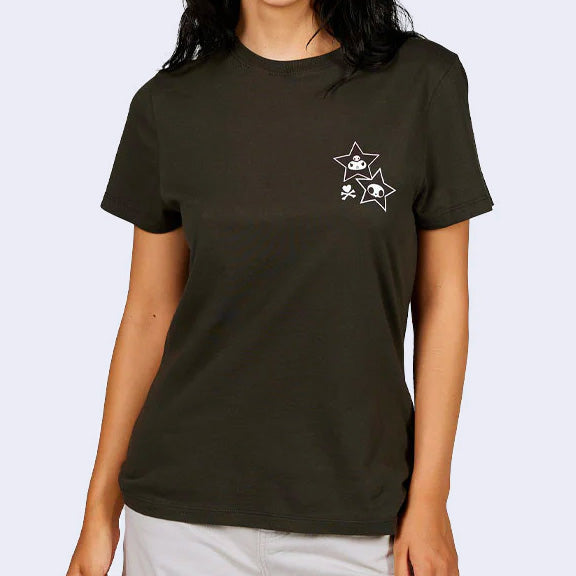Greyish black t-shirt, front view, featuring a small graphic of 2 stars on the left chest. Inside one star is Kuromi's face, and inside the other is a skeleton's face.