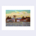 Surreal landscape with houses, trees, and a large cloud formation.