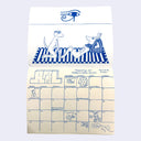 Calendar with blue and white illustrations of dogs on a striped blanket, doing stretches featuring the Eye of Horus symbol. Below is the month of April with dates.