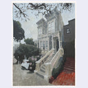 An impressionistic painting of a Victorian-style house with a front staircase, trees, and a red brick path, shown with a white border on a light gray background.