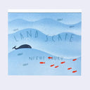 A square memo pad featuring a stylized underwater landscape illustration in shades of light blue, with a dark blue whale, small gray fish, and several red fish. The words 'LAND SCAPE' and 'NISHI MUKU' are printed across the artwork.