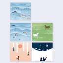 A set of four square memo pad sheets in a 2x2 grid on a light gray background. The prints feature minimalist, stylized illustrations of landscapes and figures: a blue seascape with whales and fish, a blue seascape with a diver, a green field with a horse, and a night sky with two silhouetted figures looking up.
