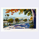 A watercolor landscape art print titled "LA RIVER" showing a curved river path lined with trees and palm trees, with mountains in the background under a light blue sky. The print is signed by J. BANH