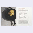 Recipe card from a cookbook with a photo and recipe for kimchi and pork belly stuffed pupusas.