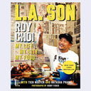 Book cover for L.A. Son by Roy Choi, featuring a photo of Roy sitting at an asian restaurant with newspaper all over the wall.