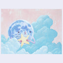 Illustration of a cartoon planet with a cute, angry expression. It munches on a star and sits in clouds against a pink sky.