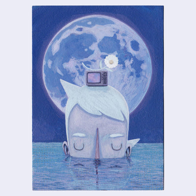 Painting of a large head, half submberged in still water. Atop its head is a small vintage TV with a flower resting atop it. A large moon is in the background. Painting is done in a blue and purple color palette. 
