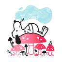 Illustration of Snoopy, laying on his back atop a large toadstool mushroom with smaller mushrooms around him. He smokes a joint and emits a cloud of smoke from his nose.