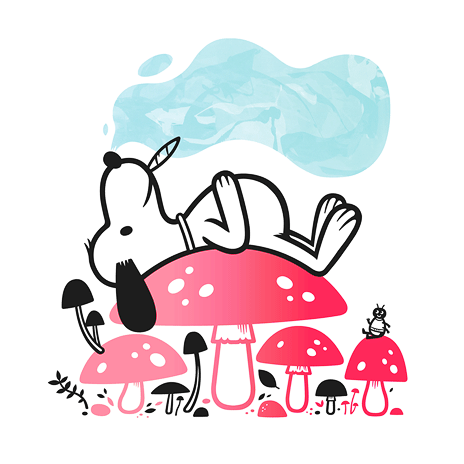 Illustration of Snoopy, laying on his back atop a large toadstool mushroom with smaller mushrooms around him. He smokes a joint and emits a cloud of smoke from his nose.