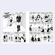 2 page excerpt of black and white panel comics - telling the story of a girl and her friend trying to get into a building.