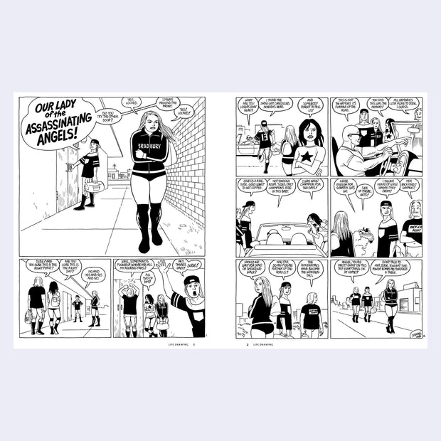 2 page excerpt of black and white panel comics - telling the story of a girl and her friend trying to get into a building.