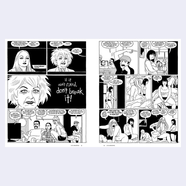2 page excerpt of black and white panel comics - telling the story of several people.