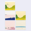 Set of four minimalist landscape illustrations with people and text on a light blue background.