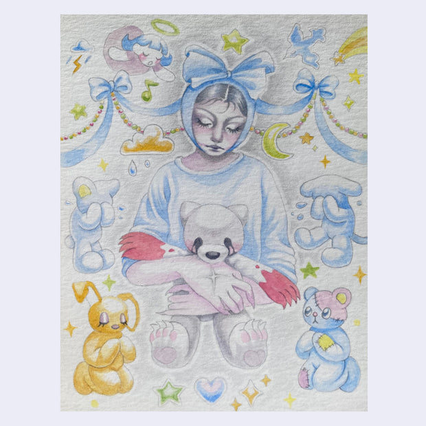 Colored pencil sketch of a girl with a blue bow on her head, holding a bear plush with bloody paws. Around her are small charms and other plushies.