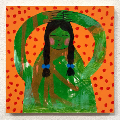 Artistic depiction of a woman with braided hair against an orange background with red polka dots.