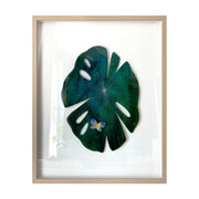 Painted cut out lily pad leaf, dark green with subtle marbling pattern and thin white stripes. A small blue and yellow butterfly rests atop the leaf. Piece is framed in thin, light grain wood frame.
