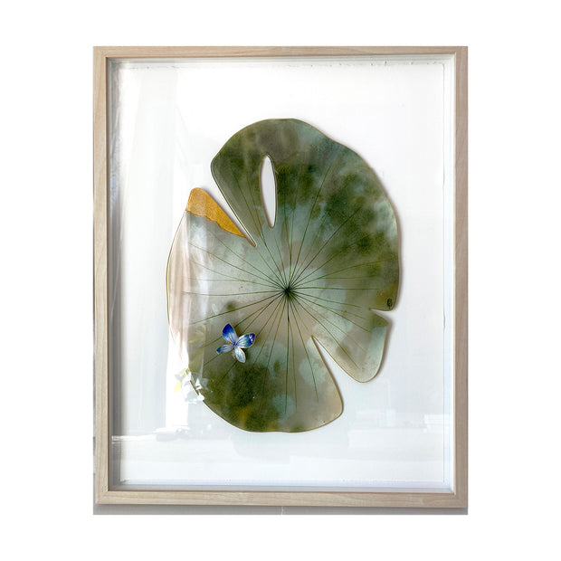 Painted cut out lily pad leaf coated in resin, greyish green with subtle marbling pattern and thin black stripes. One edge of the leaf is coated in gold, as if a yellowing corner. A small blue and white butterfly rests atop the leaf. Piece is in a thin, light wood grain frame.