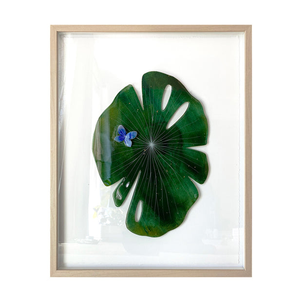 Painted cut out lily pad leaf coated in resin, dark green with subtle marbling pattern and thin white stripes. A small blue and white butterfly rests atop the leaf. Piece is in thin, light grain wooden frame.