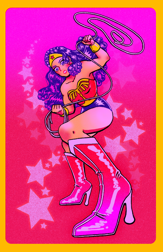 Bright colored print of a cartoon Wonder Woman, preparing her lasso. Background is neon pink with light pink stars, and a yellow thin border around the whole piece.