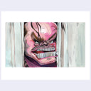 Painting based on a film still from The Shining of a cartoon style Jack with his face bursting through a door, looking very pink and with exaggerated teeth and eyebrows.