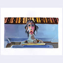 Painting based on a film still from The Shining of a cartoon style Wendy looking down at a typewriter with a very scared expression.