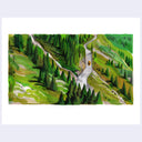 Painting based on a film still from The Shining of a windy road in a lush green forest, with one car driving on it. It is seen from far overhead.