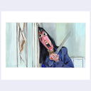 Painting based on a film still from The Shining of a cartoon style Wendy looking terrified holding a knife while a hole gets kicked in the door she's hiding behind.
