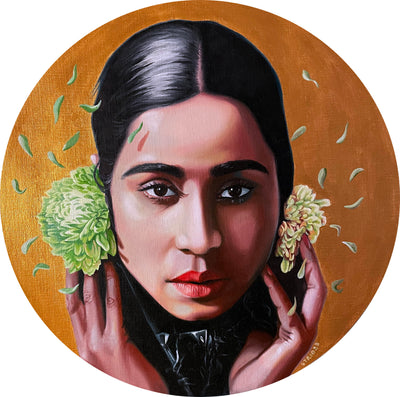 Highly rendered painting on golden color circle paper  of a tan woman with black hair and strong eyebrows, looking straight on at the viewer. She holds her hands to her ears, where chrysanthemums bloom out and shed petals. Woman is only visible from the neck up.