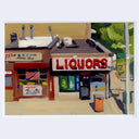 An impressionistic painting of a street-front liquor store, with a prominent red 'LIQUORS' sign, tan and brown building facade, green foliage, and a sidewalk in the foreground.