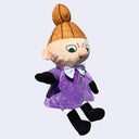 Plush doll of Little My, a character with a frowning expression, looking down. She has a tall ponytail and purple dress.