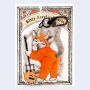 A packaged acrylic charm featuring an cat dressed as an orange devil with horns, holding a pitchfork and standing beside a carved pumpkin, mounted on a decorative printed card labeled 'Kitty Acrylic Charm'.