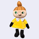 Plush doll of Little My, a character with a mischievous look, a tall orange ponytail and a yellow dress.