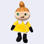 Plush doll of Little My, a character with a mischievous look, a tall orange ponytail and a yellow dress.