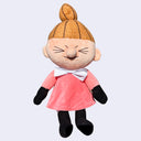 Plush doll of Little My, a character with a sassy, closed eye expression, tall ponytail and pink dress.