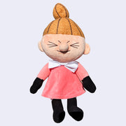 Plush doll of Little My, a character with a sassy, closed eye expression, tall ponytail and pink dress.