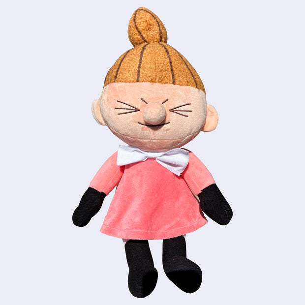 Plush doll of Little My, a character with a sassy, closed eye expression, tall ponytail and pink dress.