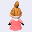 Plush doll of Little My, a character with a sassy, closed eye expression, tall ponytail and pink dress.
