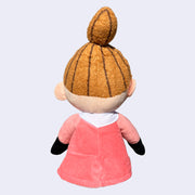 Plush doll of Little My, a character with a sassy, closed eye expression, tall ponytail and pink dress.